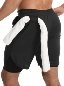 Men 2 In 1 Phone Pocket Sports Shorts With Towel Loop - Black - View 2