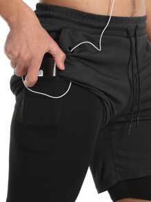Men 2 In 1 Phone Pocket Sports Shorts With Towel Loop - Black - View 3