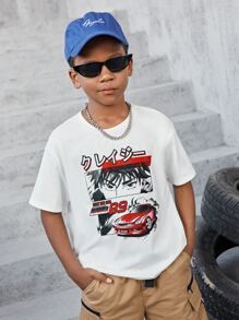 SHEIN 男孩汽車和日語字母圖案T恤