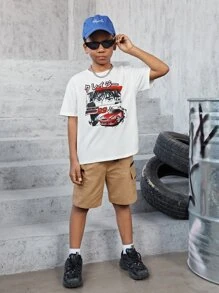 SHEIN 男孩汽車和日語字母圖案T恤