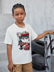 SHEIN 男孩汽車和日語字母圖案T恤