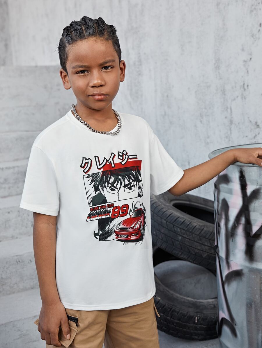 SHEIN 男孩汽車和日語字母圖案T恤