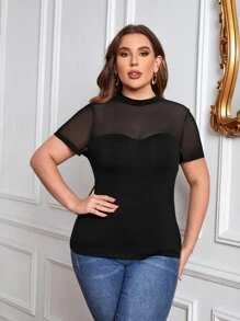 SHEIN Privé 大碼網紗拼接小高領T恤 - 黑色 - 查看 5