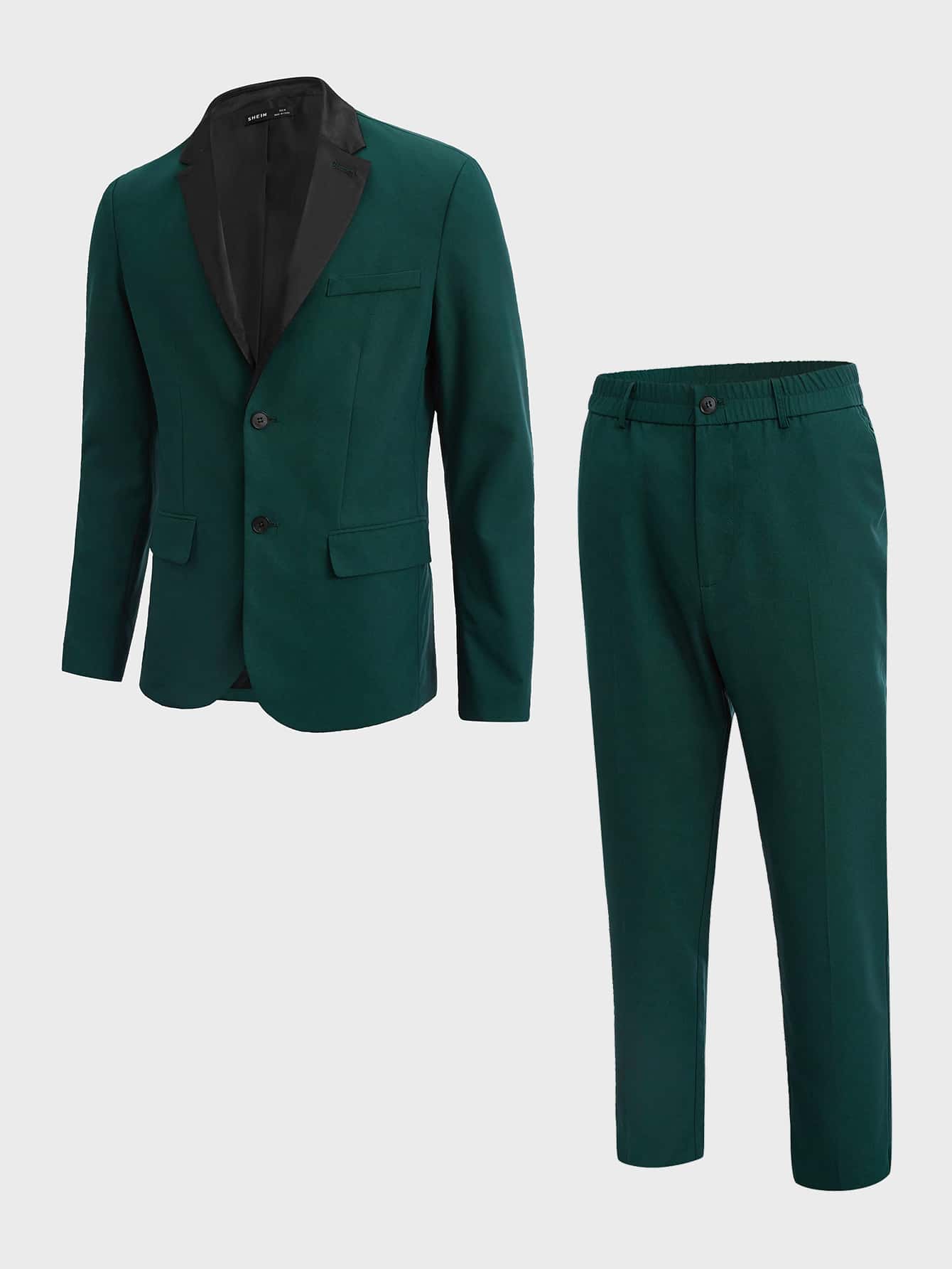 GENTILAND Men Colourblock Shawl Collar Blazer & Trousers - Dark Green - View 1