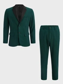 GENTILAND Men Colourblock Shawl Collar Blazer & Trousers - Dark Green - View 4