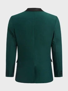 GENTILAND Men Colourblock Shawl Collar Blazer & Trousers - Dark Green - View 10