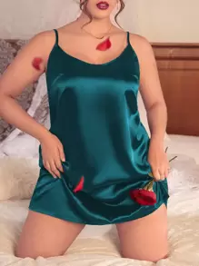 SilkySpell Plus 纯色缎面吊带睡衣 - 水鴨藍 - 查看 5