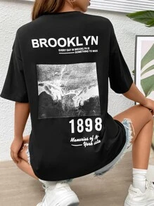 SHEIN Unity Figure & Slogan Graphic Drop Shoulder Tee - Black - View 1