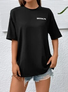 SHEIN Unity Figure & Slogan Graphic Drop Shoulder Tee - Black - View 2