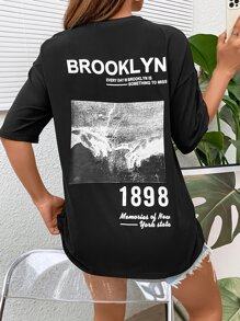 SHEIN Unity Figure & Slogan Graphic Drop Shoulder Tee - Black - View 3