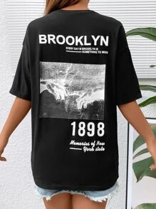 SHEIN Unity Figure & Slogan Graphic Drop Shoulder Tee - Black - View 5