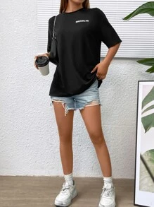 SHEIN Unity Figure & Slogan Graphic Drop Shoulder Tee - Black - View 6