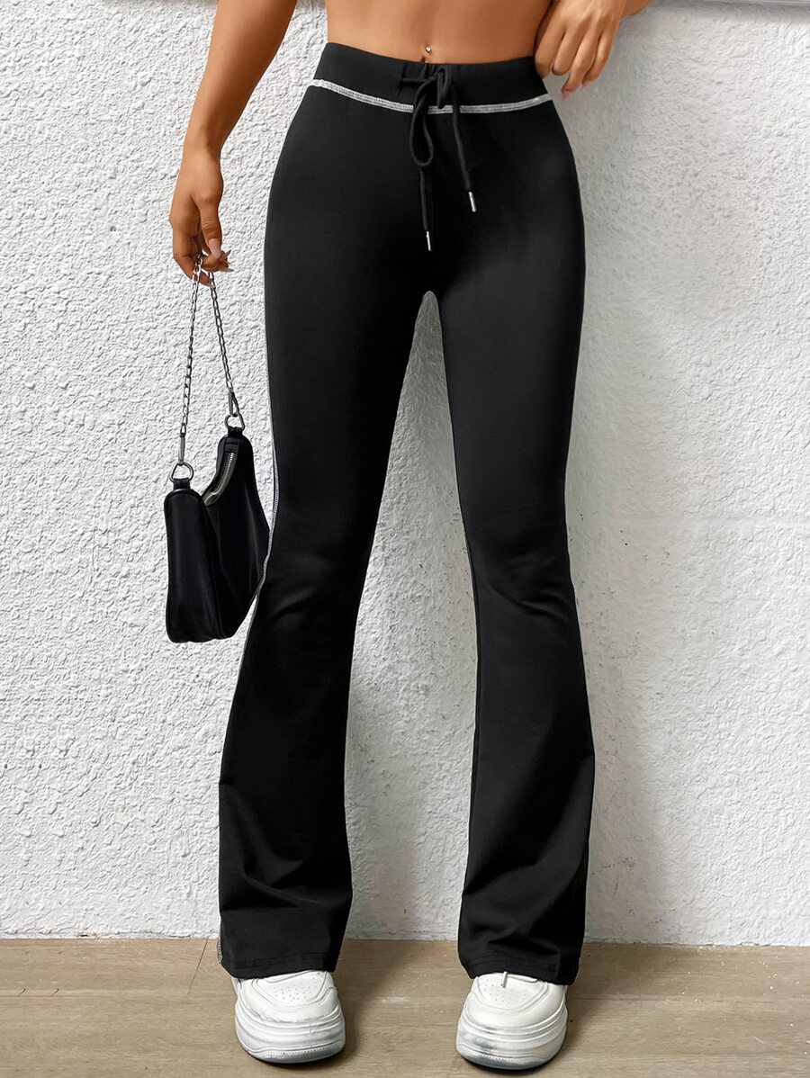 SHEIN EZwear 拼接滾邊腰部抽繩喇叭褲 - 黑色 - 查看 1