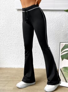 SHEIN EZwear 拼接滾邊腰部抽繩喇叭褲 - 黑色 - 查看 3