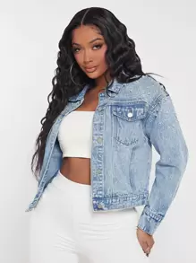 SHEIN SXY Áo khoác & áo khoác denim nữ Nút phía trước Ngọc trai màu trơn Giải trí - Rửa nhẹ - Xem 1