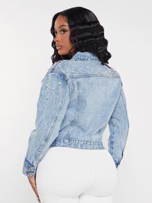 SHEIN SXY Áo khoác & áo khoác denim nữ Nút phía trước Ngọc trai màu trơn Giải trí - Rửa nhẹ - Xem 2