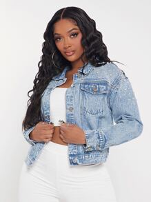 SHEIN SXY Áo khoác & áo khoác denim nữ Nút phía trước Ngọc trai màu trơn Giải trí - Rửa nhẹ - Xem 3