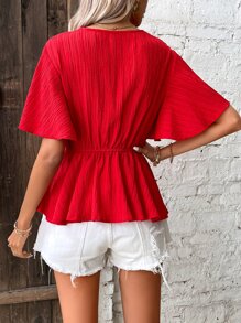 SHEIN Privé 深V領前打結蝴蝶袖荷葉邊下擺襯衫 - 紅色 - 查看 2