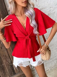 SHEIN Privé 深V領前打結蝴蝶袖荷葉邊下擺襯衫 - 紅色 - 查看 3