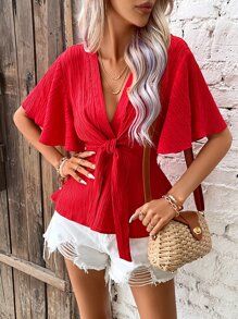 SHEIN Privé 深V領前打結蝴蝶袖荷葉邊下擺襯衫 - 紅色 - 查看 4