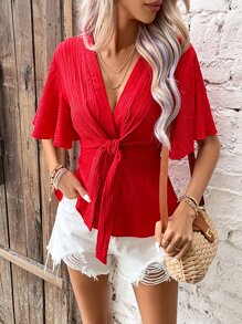 SHEIN Privé 深V領前打結蝴蝶袖荷葉邊下擺襯衫 - 紅色 - 查看 5