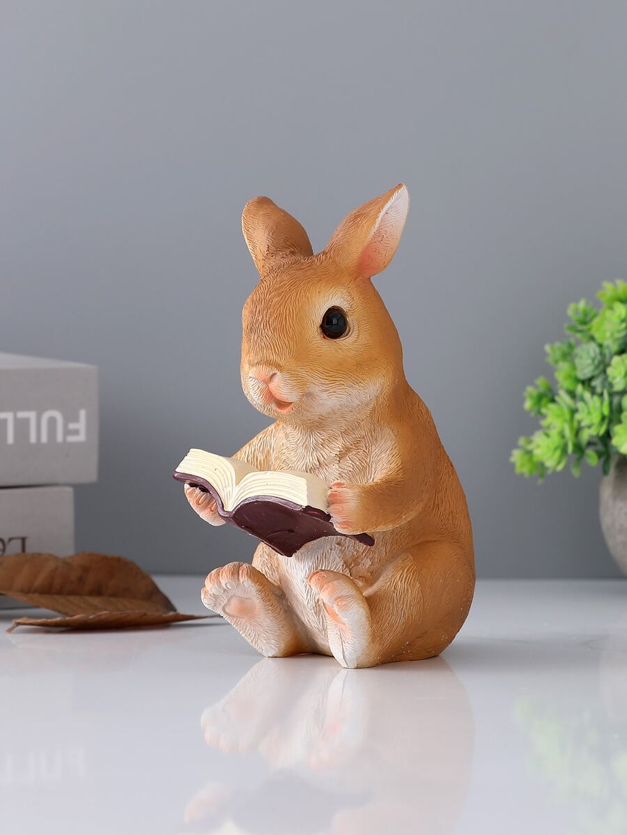 1 件树脂创意兔子阅读书装饰雕像复活节 - 彩色 - 查看 1