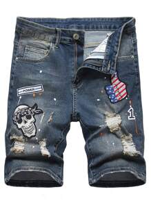 Manfinity Hombres Shorts en mezclilla de cráneo & con parche de bandera desgarro - Azul lavado medio - Ver 1