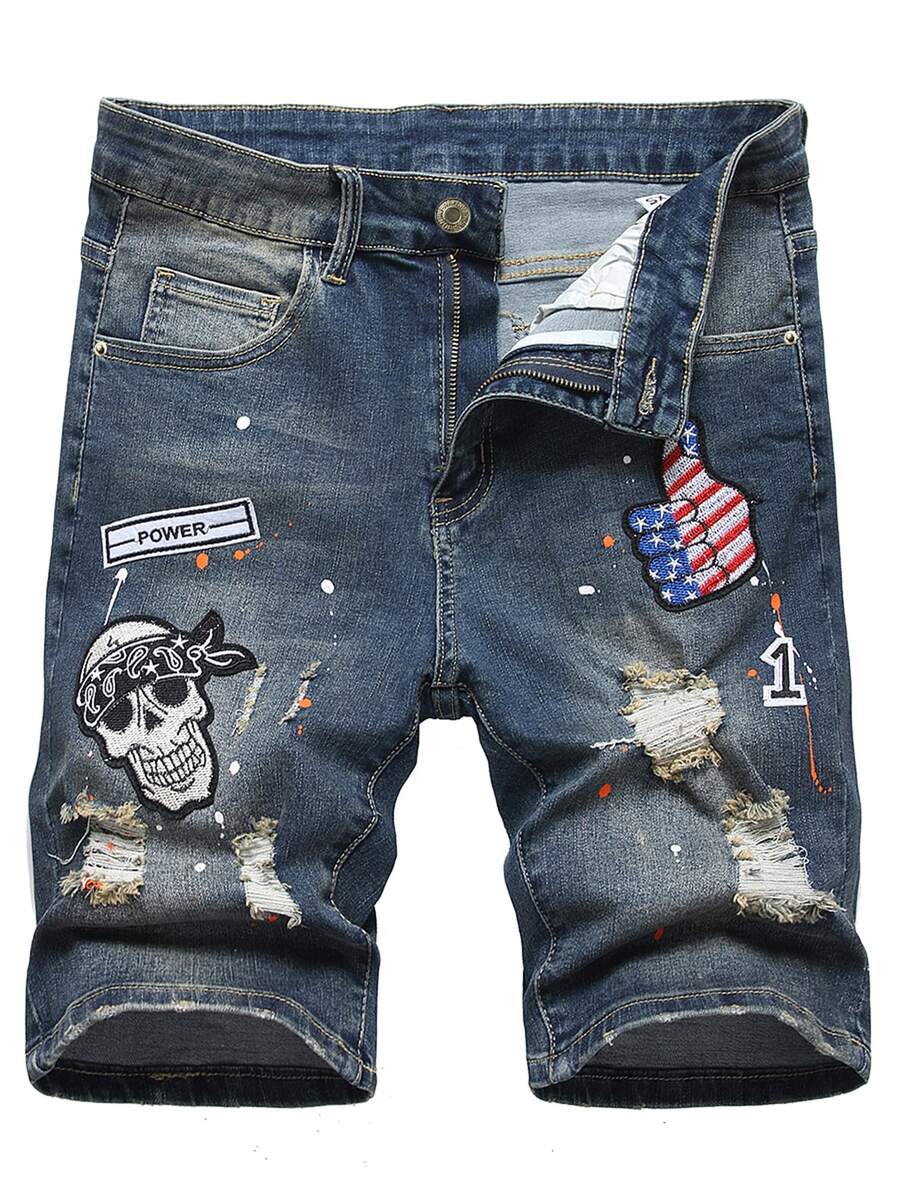 Manfinity Hombres Shorts en mezclilla de cráneo & con parche de bandera desgarro - Azul lavado medio - Ver 1