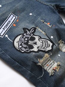 Manfinity Hombres Shorts en mezclilla de cráneo & con parche de bandera desgarro - Azul lavado medio - Ver 3