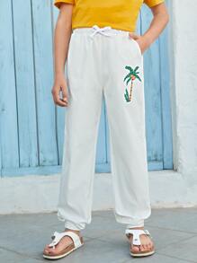 SHEIN Boys Coconut Tree Print Drawstring Waist Trousers - White - View 1