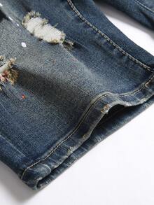 Manfinity Hombres Shorts en mezclilla de cráneo & con parche de bandera desgarro - Azul lavado medio - Ver 4