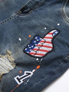 Manfinity Hombres Shorts en mezclilla de cráneo & con parche de bandera desgarro - Azul lavado medio - Ver 5