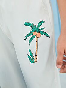 SHEIN Boys Coconut Tree Print Drawstring Waist Trousers - White - View 3
