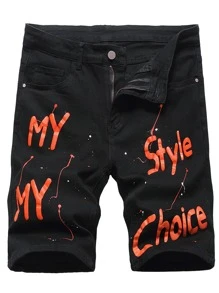 Manfinity Men Letter Graphic Denim Shorts - Black - View 1