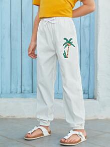 SHEIN Boys Coconut Tree Print Drawstring Waist Trousers - White - View 5