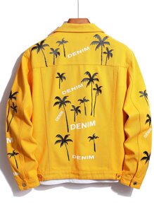 Manfinity Men Coconut Tree & Letter Graphic Flap Pocket Denim Jacket Without Tee - Yellow - View 2