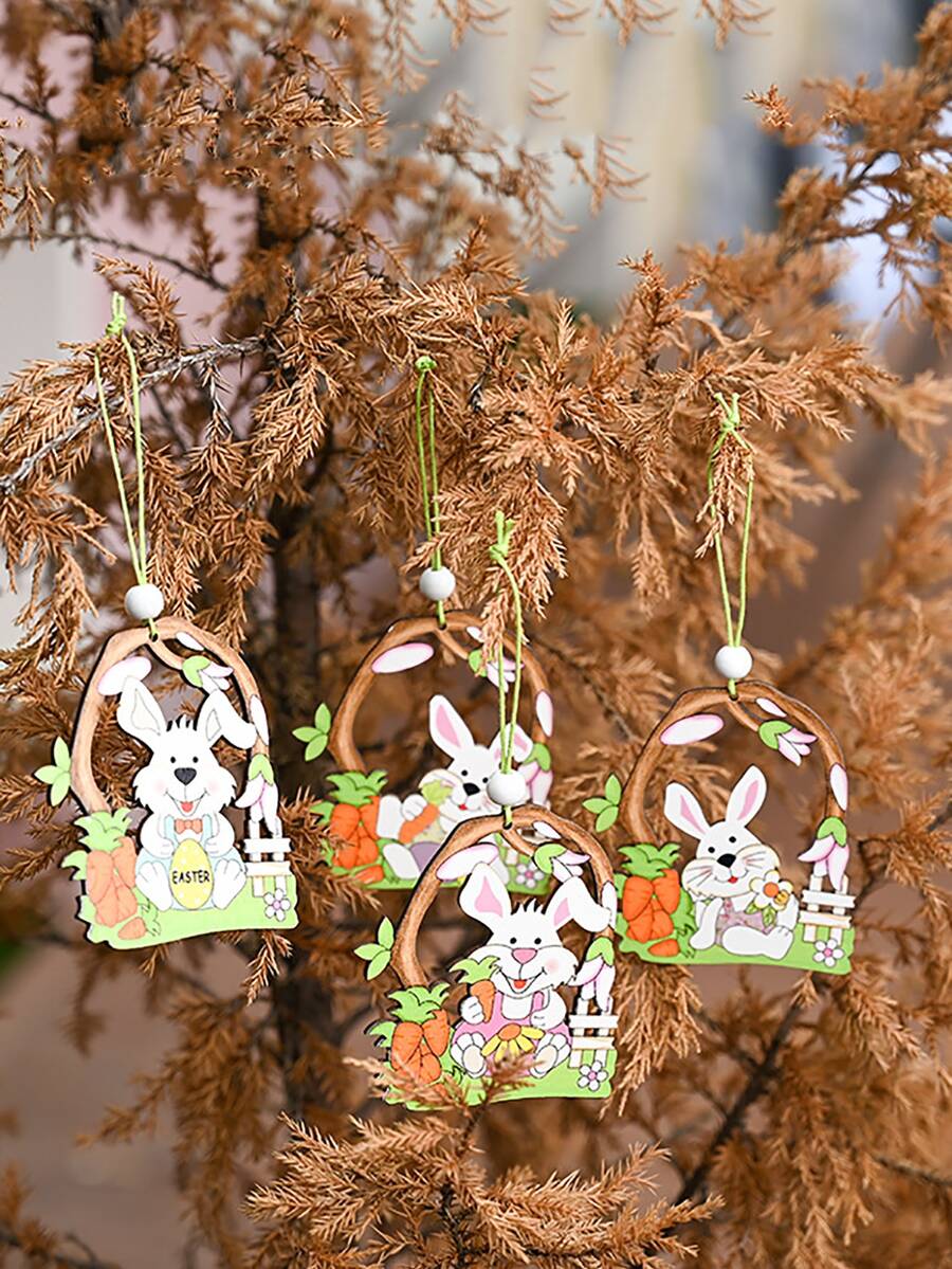 4 piezas Colgante de pared Pascua de Resurrección con diseño de conejo - Multicolor - Ver 1