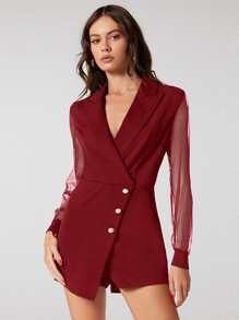 BizChic Sheer Mesh Sleeve Button Front Jumpsuit - Burgundy - View 4