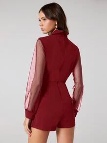 BizChic Sheer Mesh Sleeve Button Front Jumpsuit - Burgundy - View 2