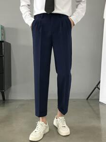 Knapp Ficka Dragkedja Plicated Enkel Män Kostym Byxor - Marinblå - Visa 1