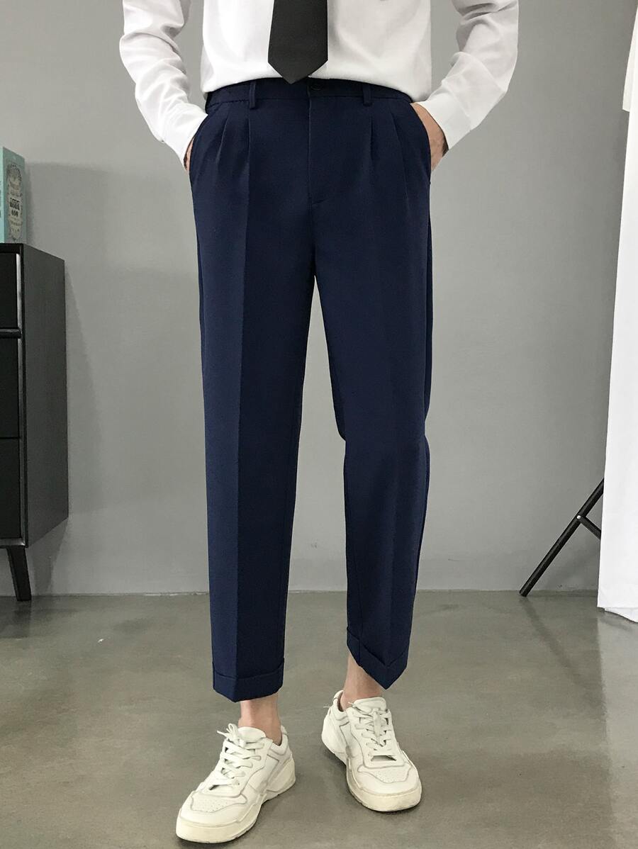 Knapp Ficka Dragkedja Plicated Enkel Män Kostym Byxor - Marinblå - Visa 1