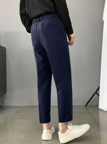 Knapp Ficka Dragkedja Plicated Enkel Män Kostym Byxor - Marinblå - Visa 2