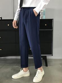 Knapp Ficka Dragkedja Plicated Enkel Män Kostym Byxor - Marinblå - Visa 3