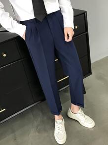 Knapp Ficka Dragkedja Plicated Enkel Män Kostym Byxor - Marinblå - Visa 4