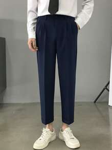 Knapp Ficka Dragkedja Plicated Enkel Män Kostym Byxor - Marinblå - Visa 5