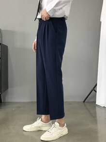 Knapp Ficka Dragkedja Plicated Enkel Män Kostym Byxor - Marinblå - Visa 6