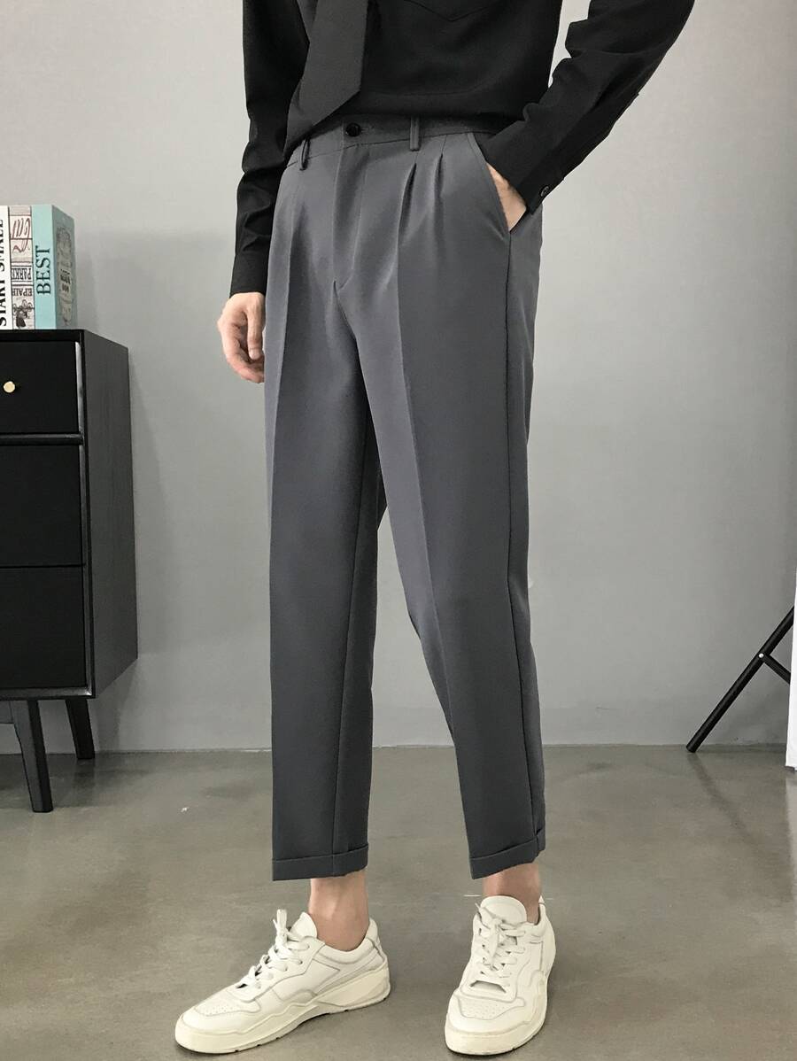 Hombres Pantalones de traje con fruncido con bolsillo oblicuo - Gris Oscuro - Ver 1