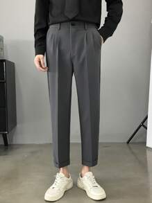 Hombres Pantalones de traje con fruncido con bolsillo oblicuo - Gris Oscuro - Ver 3