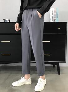 Hombres Pantalones de traje con fruncido con bolsillo oblicuo - Gris Oscuro - Ver 4