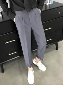 Hombres Pantalones de traje con fruncido con bolsillo oblicuo - Gris Oscuro - Ver 5